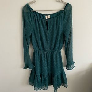 Dark green, slightly off the shoulder, dress